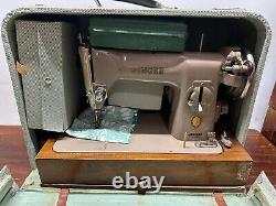 Vintage Singer 215G Sewing Machine Heavy Duty German with Green Tweed Travel Case