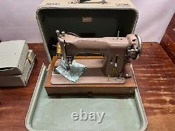 Vintage Singer 215G Sewing Machine Heavy Duty German with Green Tweed Travel Case