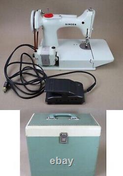 Vintage Singer 221K White Featherweight Sewing Machine with Green Case WORKS