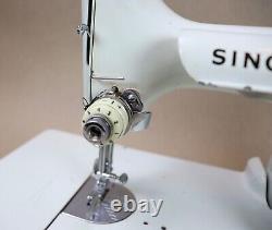 Vintage Singer 221K White Featherweight Sewing Machine with Green Case WORKS