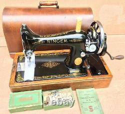 Vintage Singer 99, 99K hand crank sewing machine with accessories and case