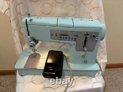 Vintage Singer Sewing Machine Model 348 Robin Egg Blue With Pedal And Case