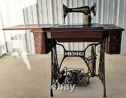 Vintage Working Cast Iron Base Singer Treadle 5 Wood Drawers Sewing Machine PLUS