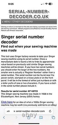 Vintage or Antique Singer Sewing Machine Serial Number AF149723