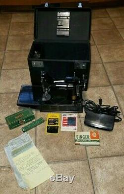 Vtg Antique Singer Portable Electric Sewing Machine 221-1 Case Attachment Lot