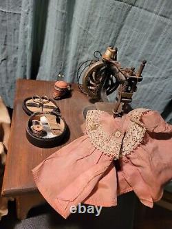 WOW! Antique Miniature Sewing Machine Scene Folk Art mohair teddy Bear Scene
