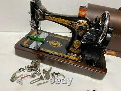 Antique Original Singer 128k Cast Iron Hand Crank Machine À Coudre & Carry Case