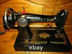Antique Singer Machine À Coudre Modèle 66 Yeux Rouges, Crane De Main, Cuir, Serviced