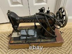Antique Singer Sewing Machine Tabletop Avec Boîtier Magnifique Inlay Light Works