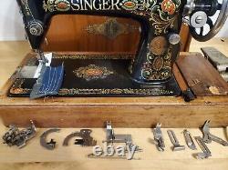 Machine à coudre Singer 66-1 Antique Vtg Red Eye Heavy Duty + MOTEUR RARE SERVI