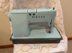 Machine à coudre Singer vintage modèle 348 bleu œuf de robinet avec pédale et étui