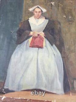 Peinture À L'huile À Cadre Antique Portrait Femme Amish Couture Par William Earl Singer