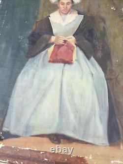 Peinture À L'huile À Cadre Antique Portrait Femme Amish Couture Par William Earl Singer