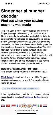Très rare machine à coudre Singer de 1892 avec base et design floral VS 3